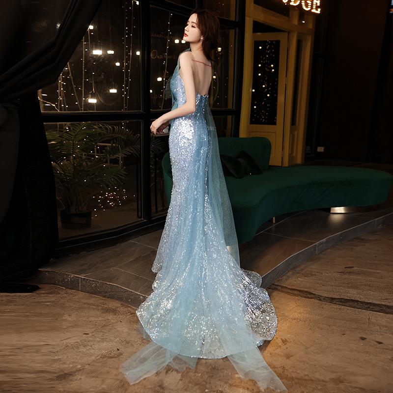 Sexy fishtail evening dress women's 1011 new banquet atmosphere sky blue tube top long annual meeting hosting dress