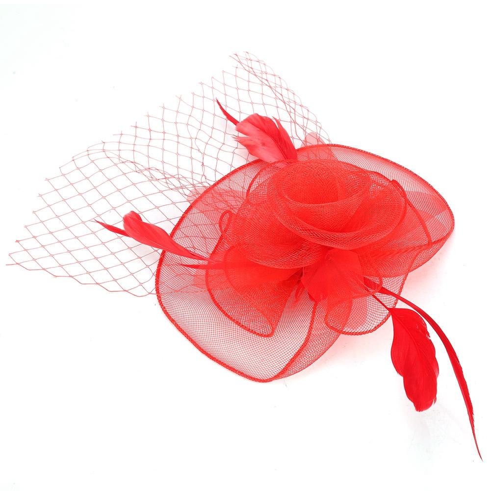 Ladies Gauze Hat Bridal Wedding Birdcage Fascinator Hair Accessory (Red)