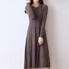 Women's Slim Fit Waist-Cinching Over-the-Knee Knitted Wool Dress - Autumn/Winter Base Layer, Round Neck, New Style