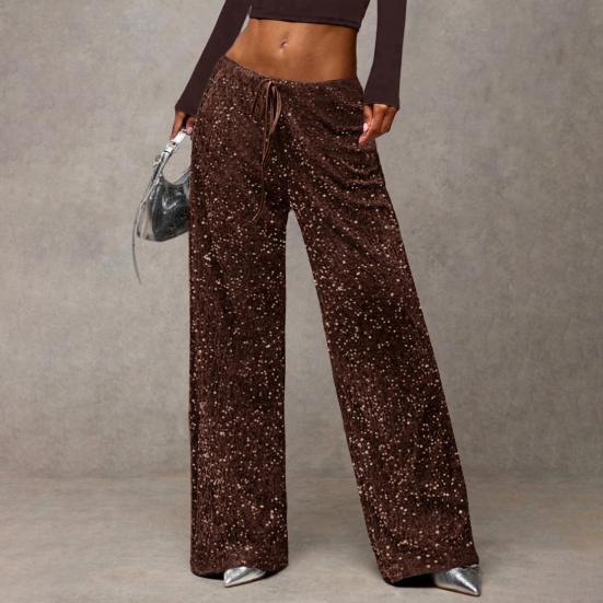 Dámské kalhoty s vysokým pasem a širokými nohavicemi, ležérní kalhoty se sekvenčním designem, elastický pas se stahovací šňůrkou, párty kalhoty