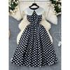 Contrast Color Polka-Dot Slim-Fit Elegant Pleated Socialite Dress