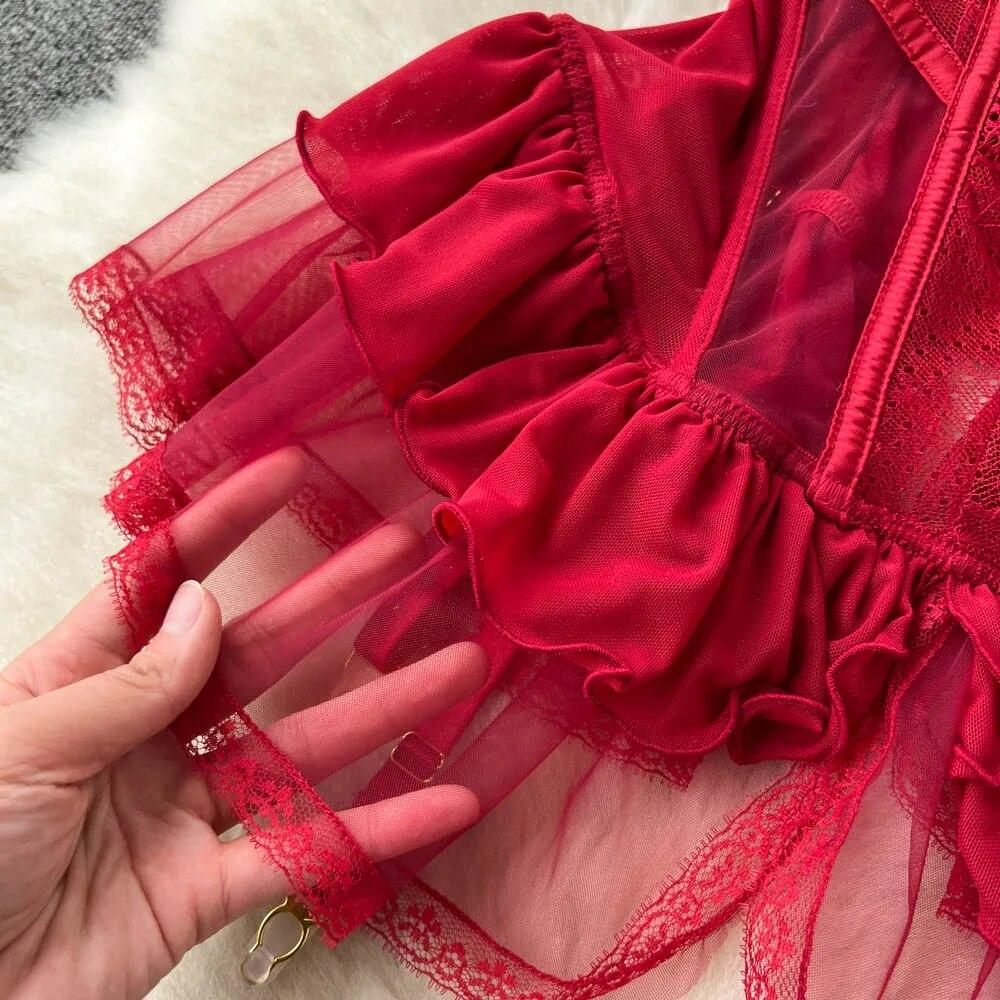 Summer Lace Sexy Underwear Suits Women Ruffles Sheer Camis Mesh Sensual Dress Suits Female Solid Erotic Open Crotch Slim Pajamas 2024