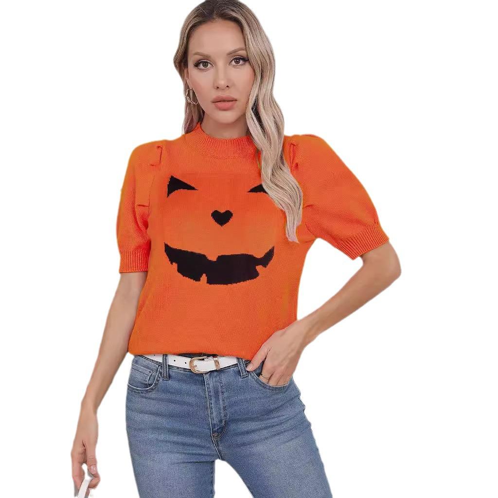 Halloween Women's Slim Fit Pumpkin Smile Knit Top - Short Sleeve Round Neck Sweater