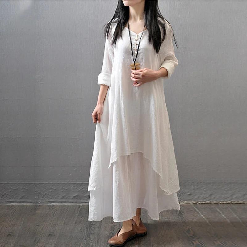 Rochie Midi Boemă de Vară Vintage Femei Elegantă Solidă Stratificată Mânecă Lungă Rochii Modă Largă Gât în V Casual Streetwear Vestidos