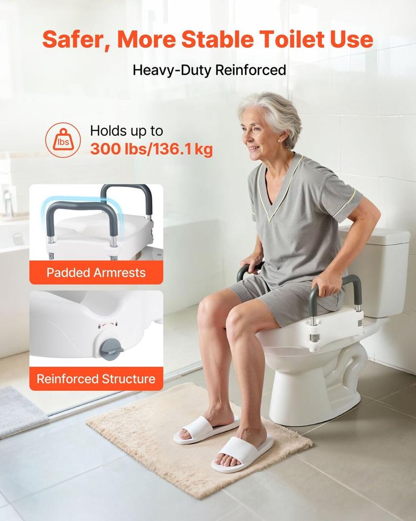 Raised Toilet Seat with Arms, 136.1 kg Load Capacity, 127 mm Lift Height, Widened Commode Elevated Toilet Seat Riser with Padded Handles for Seniors,