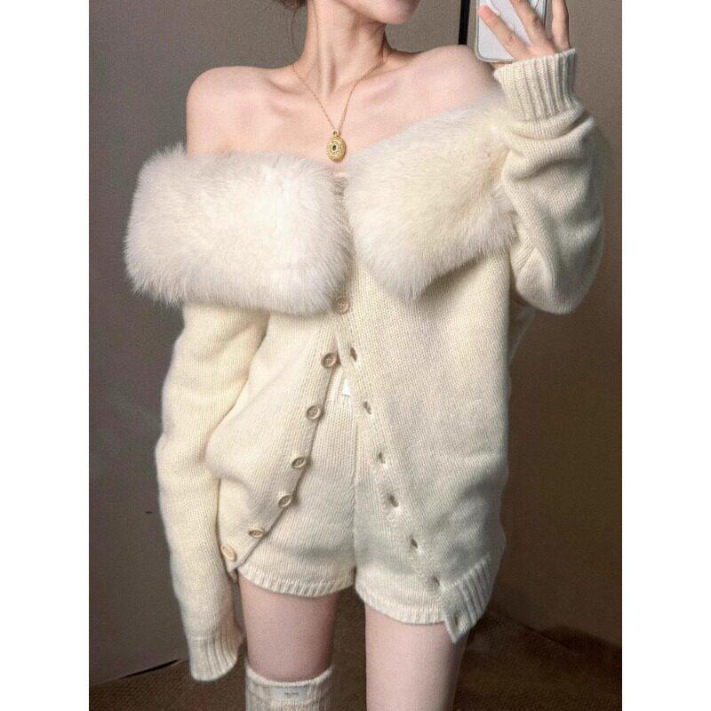 2026 Winter Korean-Style Slimming Set: Fur Collar One-Shoulder Long Sleeve Cardigan with Shorts