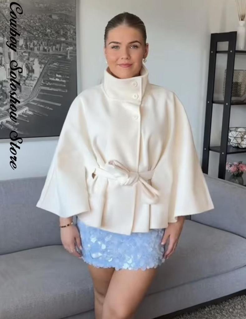 2025 Women's Fashion Loose Stand-Up Collar Bathrobe-Style Belted Coat - European & American Style