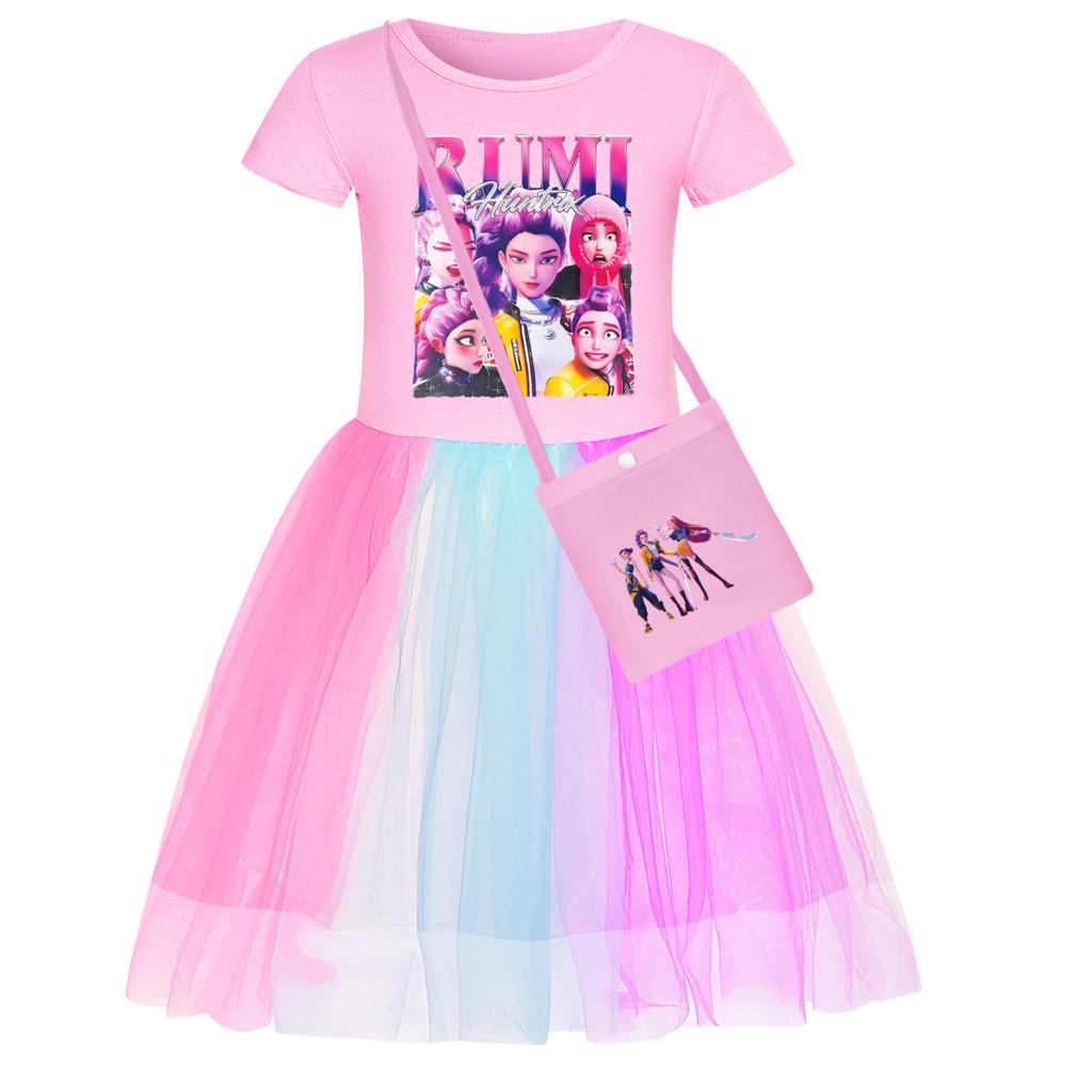 

Детское платье для девочек в стиле аниме, мультяшное, поп-певица, суперзвезда Руми Зои Мира с принтом, сетчатое, радужное, с круглым вырезом, повседневное, хлопковое 140cm