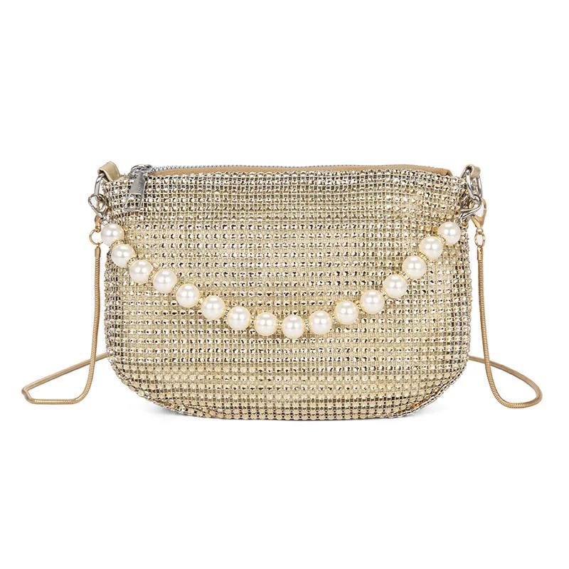 

Rhinestone Evening Tote Bag Purses for Women Shiny Pearl Dinner Party Wedding Handbag Designer Female Bucket Bag Shoulder Bag золотой