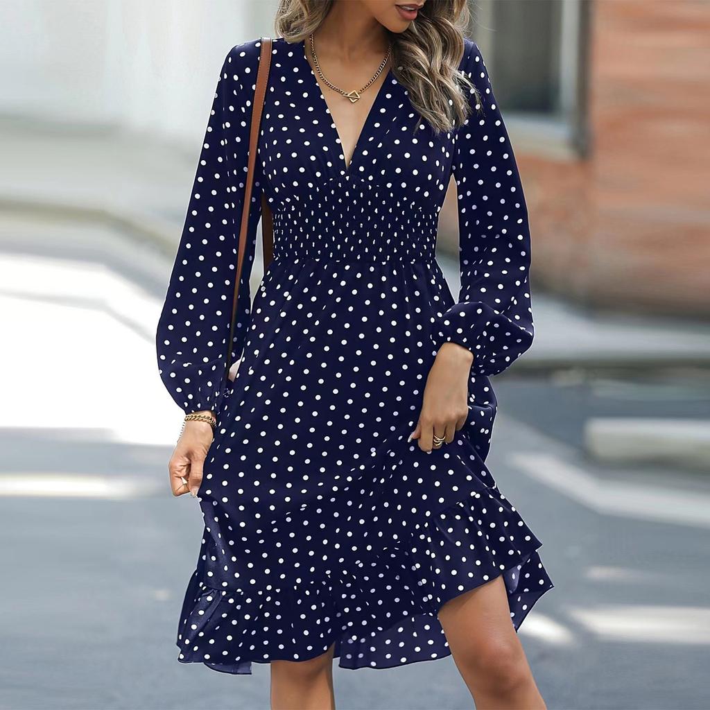 Women's Fashionable Waist Cinching Slimming Polka Dot Printed Long Sleeved Western-style Dress