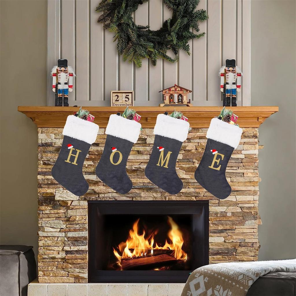 Holiday Christmas Stocking with Faux Fur Cuff Embroidered Letter A Design Classic Hanging Decoration for Fireplace Mantel or Wall Display