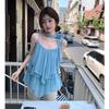 Women's Baby Blue Chiffon Halter Mini Dress Tie Neck Ruffle Layered Sleeveless Flowy Casual Summer Dress