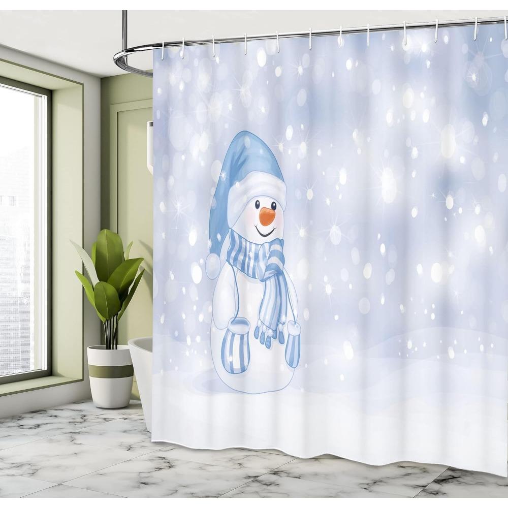 Cozy Snowman Cartoon Winter Shower Curtain, Festive Merry Christmas Bathroom Decor Set