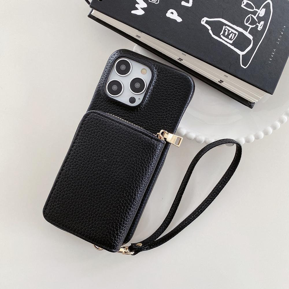 Für iPhone 16 Pro Hülle Reißverschluss Kartenfächer PU Leder Handy Rückseite mit Handschlaufe