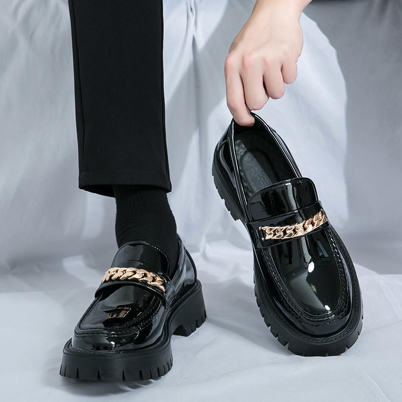 Men s Fashion Shiny Leather Slip-On Loafers with Thick Sole & Height Boost 46 41 чёрный