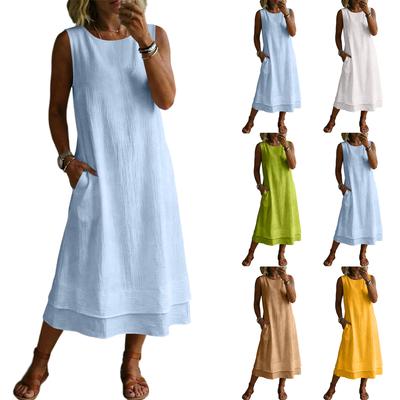 Ladies' Fashionable Casual Cotton And Linen Round Neck Sleeveless Dress