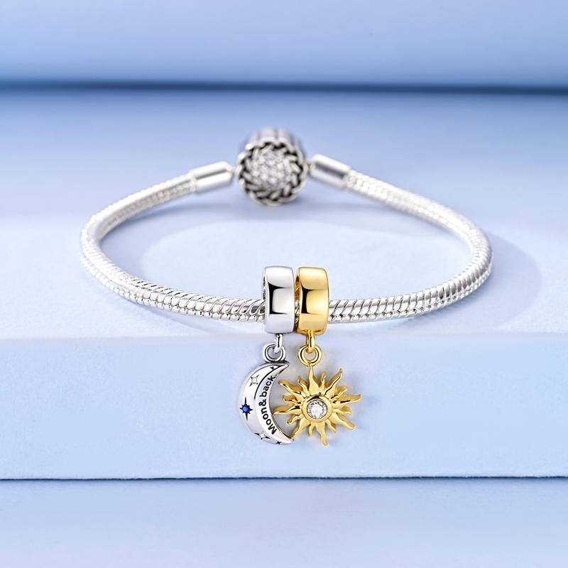 Original 925 Sterling Silver Charms Bead Gold Sun Moon Couple Pendant Fit Original Bracelet Necklace For Women DIY Jewelry Gift