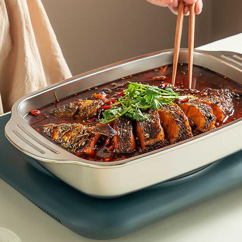 Stainless Steel Cooking Pan, Heavy-Duty Metal Food Serving Plate - Kitchenware