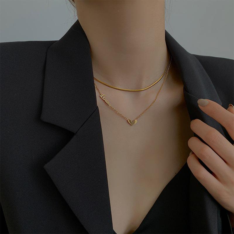 Double-Layer Heart and Snake Bone Necklace - Titanium Steel, Non-Fading, Trendy Minimalist Style for Women