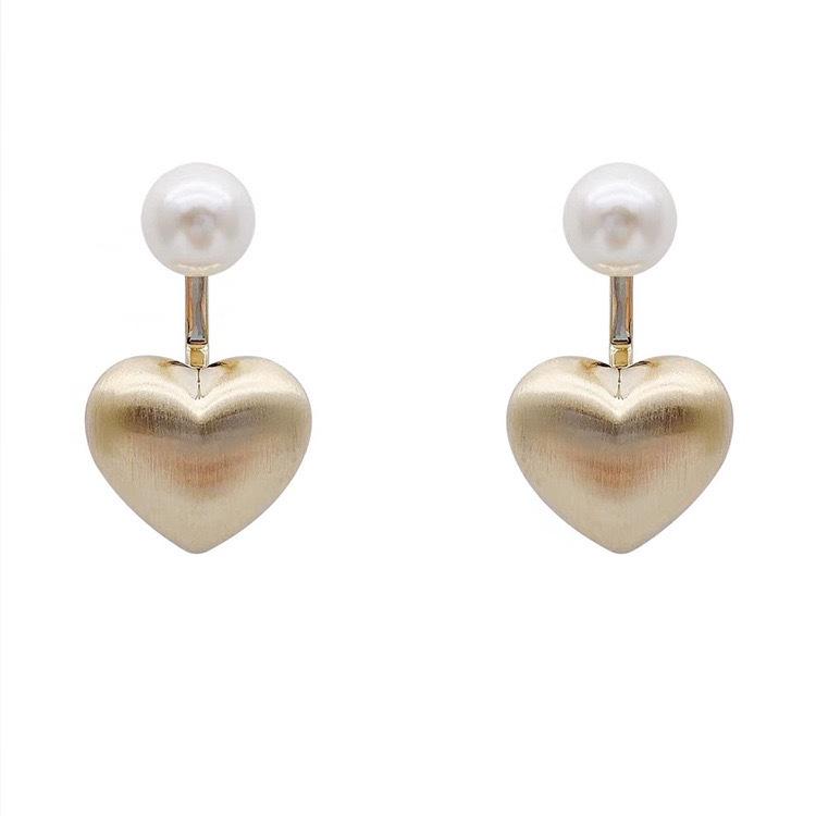 Elegant French Brushed Metal Heart & Pearl Earrings for Women