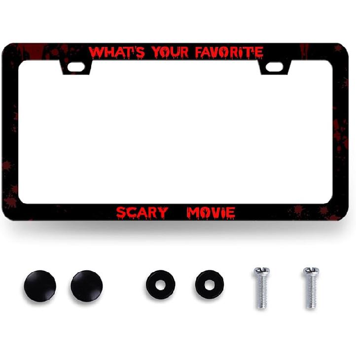 Funny License Plate Frame What‘S Your Favorite Scary Movie License Plate Holder Stainless Steel Auto Parts Blood License Plate Decoration For Men