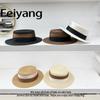 Women's French Flat Top Straw Hat with Mixed Color Ribbon, Large Brim Sun Protection, Summer Vacation Fedora