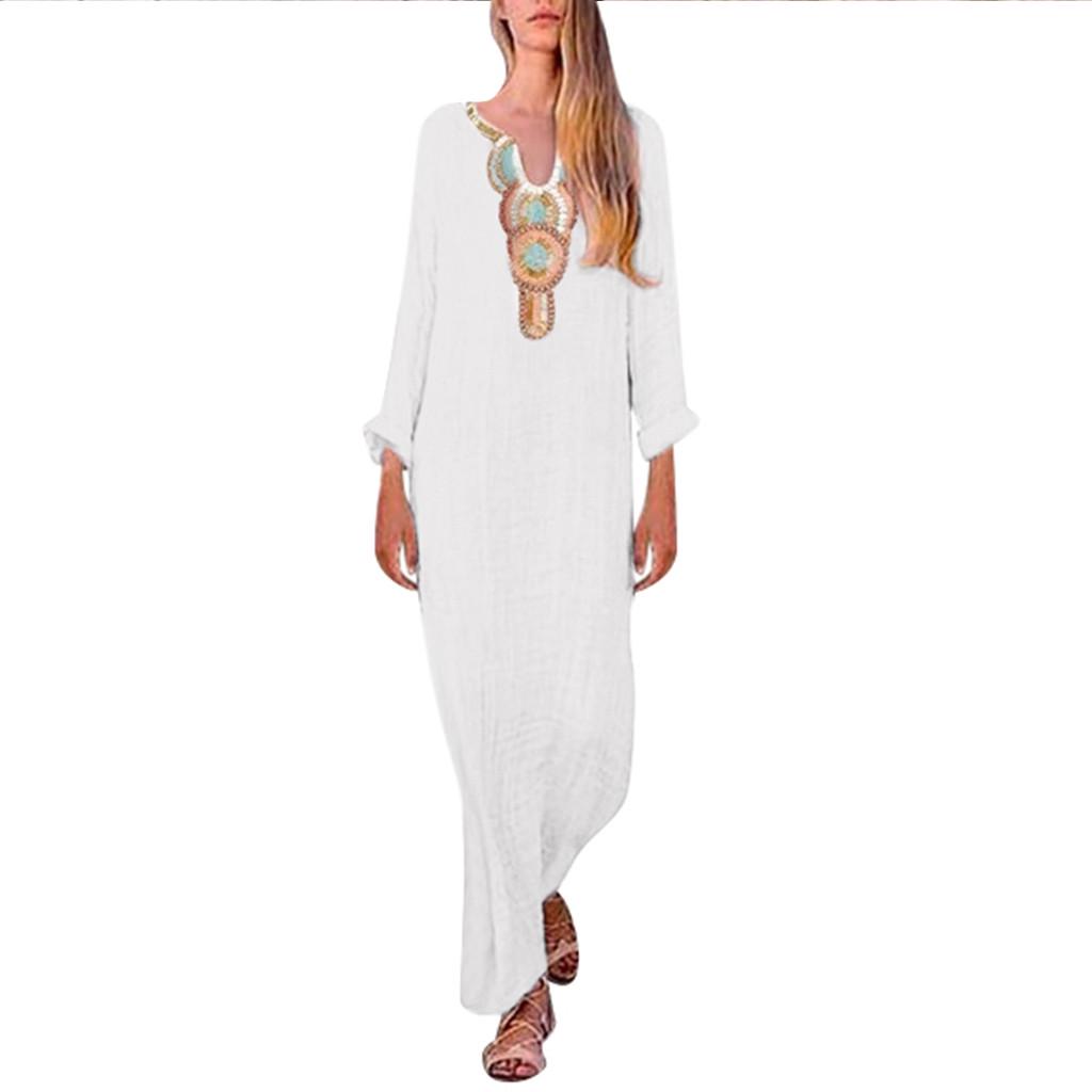 Women’s Printed Long Sleeve U-neck Maxi Dress Split Hem Baggy Kaftan Long Dress