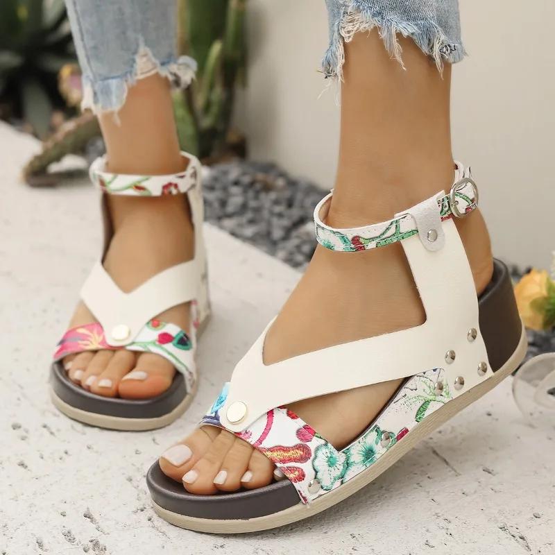 2025 Summer Ankle-wrap Women's Outdoor Platform Sandals Buckle Strap Wedges Casual Mixed Colors Plus Size Daily Walking Shoes