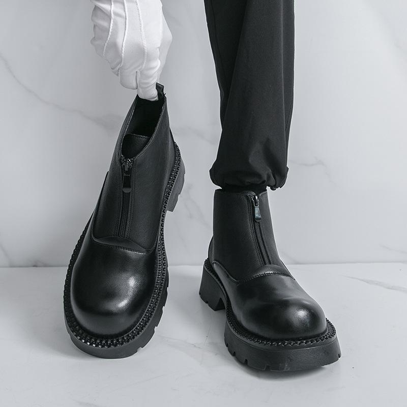 Large size men's platform high-top leather shoes, autumn and winter 2025 new men's pointed men's boots zipper leather shoes