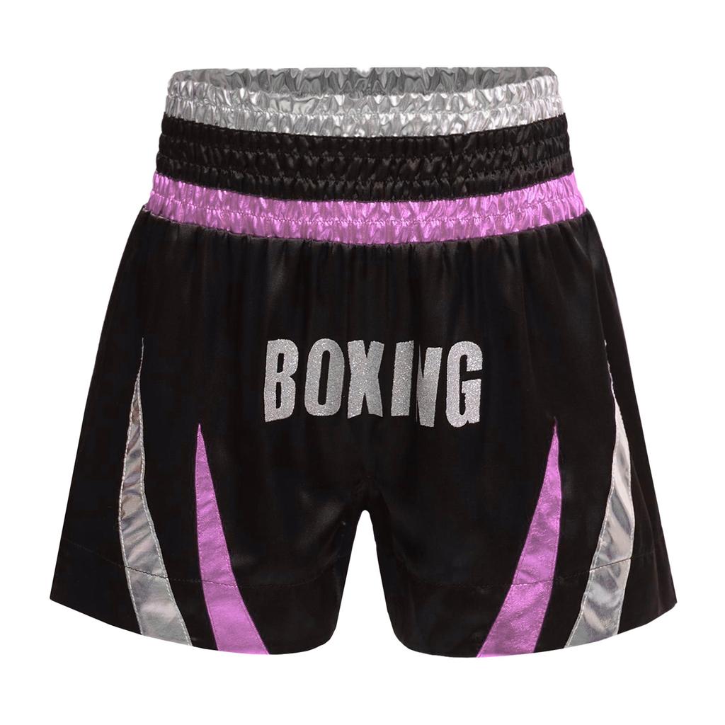 Jungen Glänzende Buchstaben Aufdruck Boxershorts Farbblock Metallisches Patchwork Seitenschlitz Satin Boxen Trainingsshorts