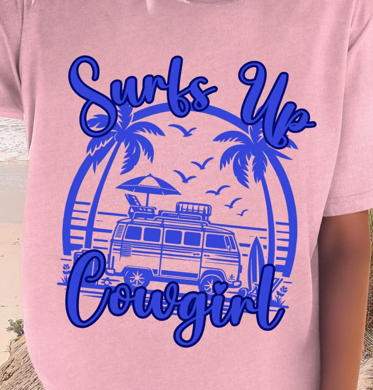 Surfs Up Cowgirl T-Shirt | Palm Trees, Beach Camper Tee, Summerwear, Surfer Girl 2XL