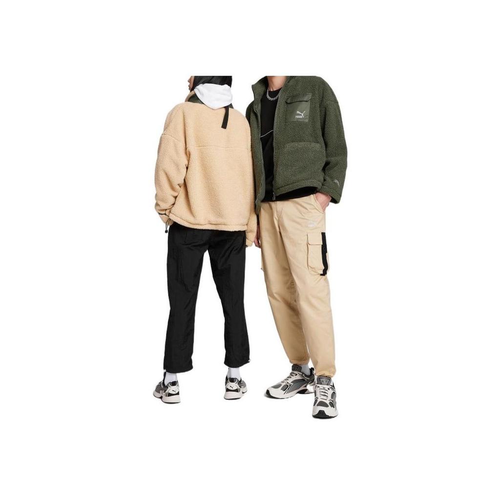 Puma FW22 Chest Logo Embroidered Faux Shearling Jacket, Unisex, Coffee