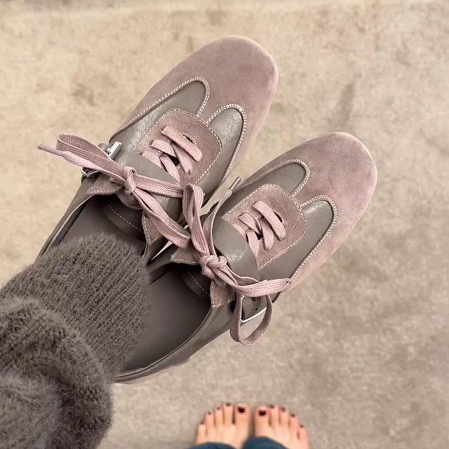 Wildleder Retro Schnürung Lässige Flache Schuhe Damen Komfort Flach Frühling Herbst Schuhwerk Weiblich Weiches Leder Ballett Sneaker Damen