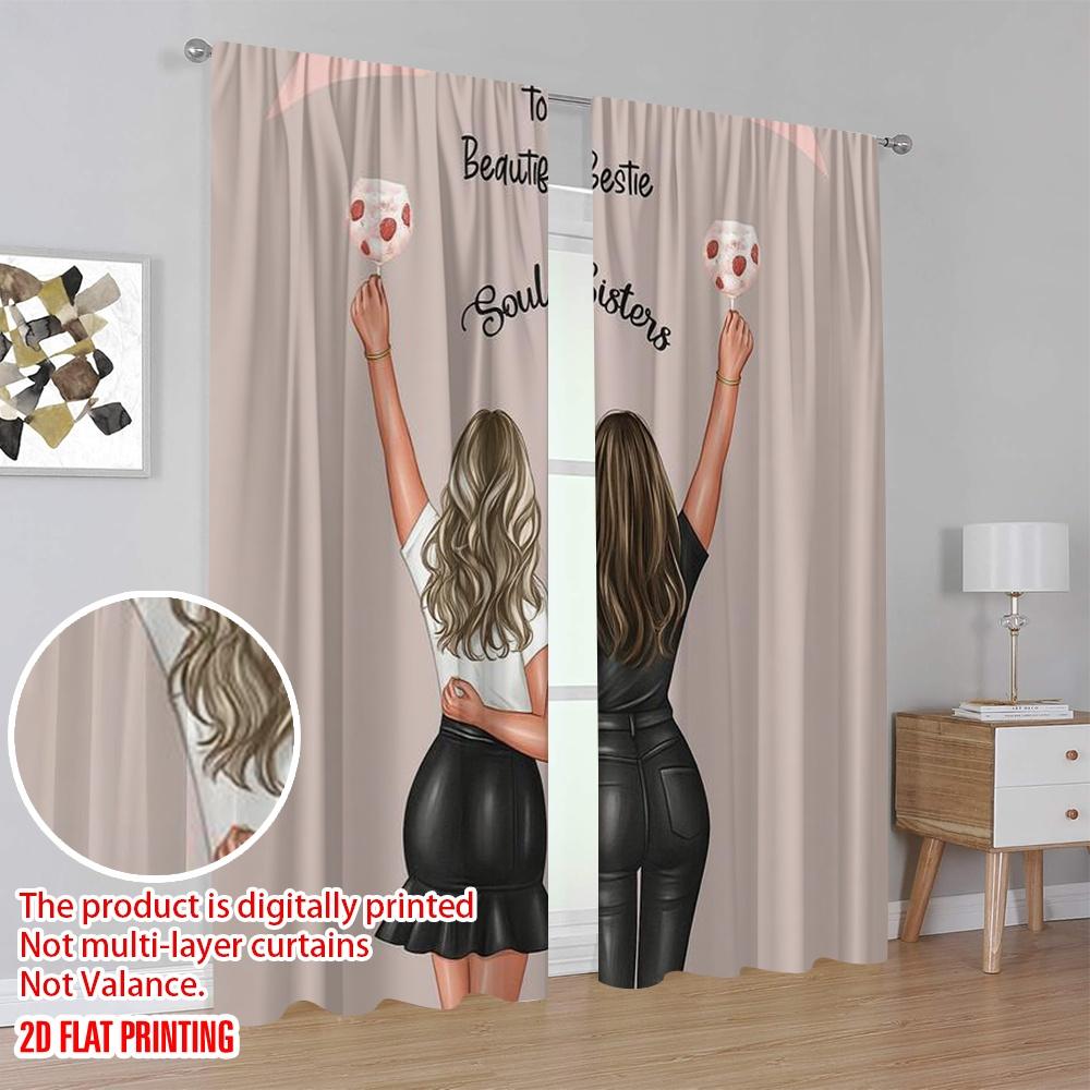 2pcs,2D Plane Printing Minimalist Curtains Birthday Soulmates Polyester Fabric (without Rod) Decorations For Home Use for