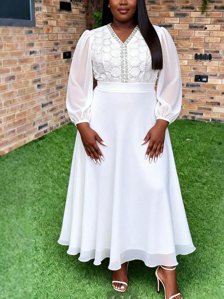 Weißes Spitzen-Chiffon-Kleid für Damen in Übergröße mit V-Ausschnitt, Fledermausärmeln & taillierter Taille für Hochzeiten oder Partys