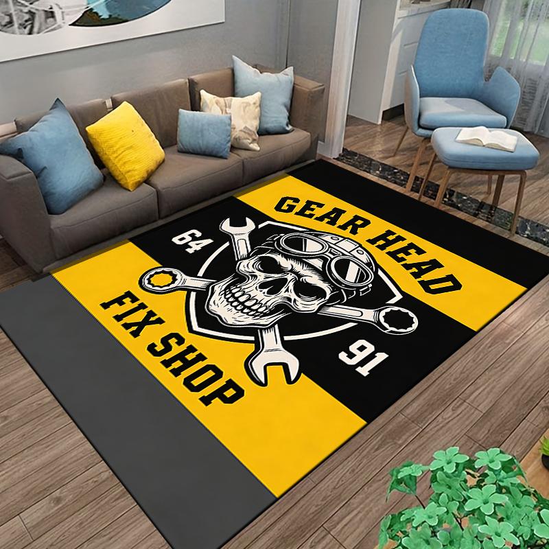 "Gear Head Fix Shop Skull with Tools Yellow and Black Themed Rug" Suitable for use as an anti-slip for living room bedroom sofas