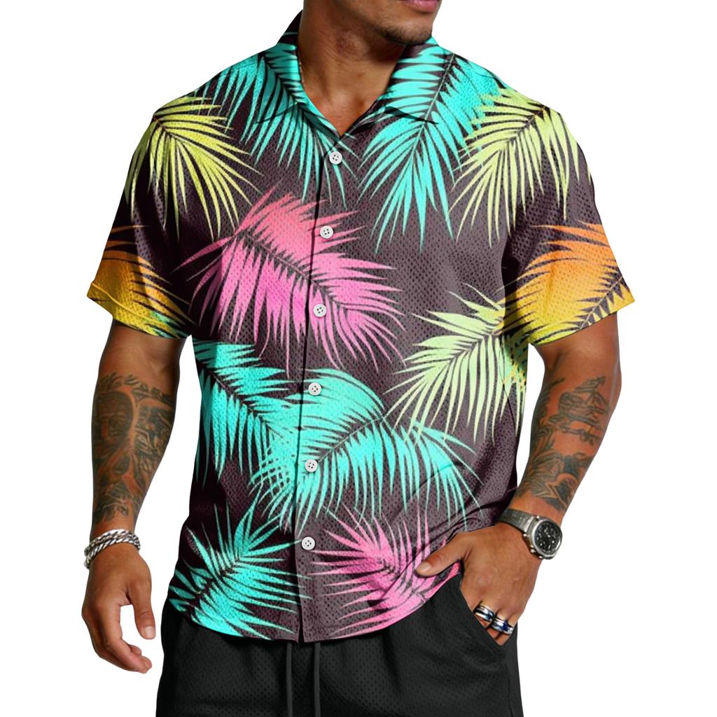 Men’s Short Sleeve Button Down Shirt with Palm Tree Print Casual Collared Relaxed Fit Lightweight Top for Summer