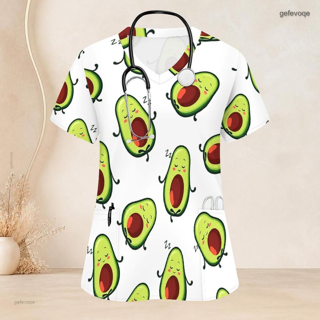 Women Plus Size Nurse Scrub Top V Neck Short Sleeve Cartoon Avocado Printed White With Front Pockets