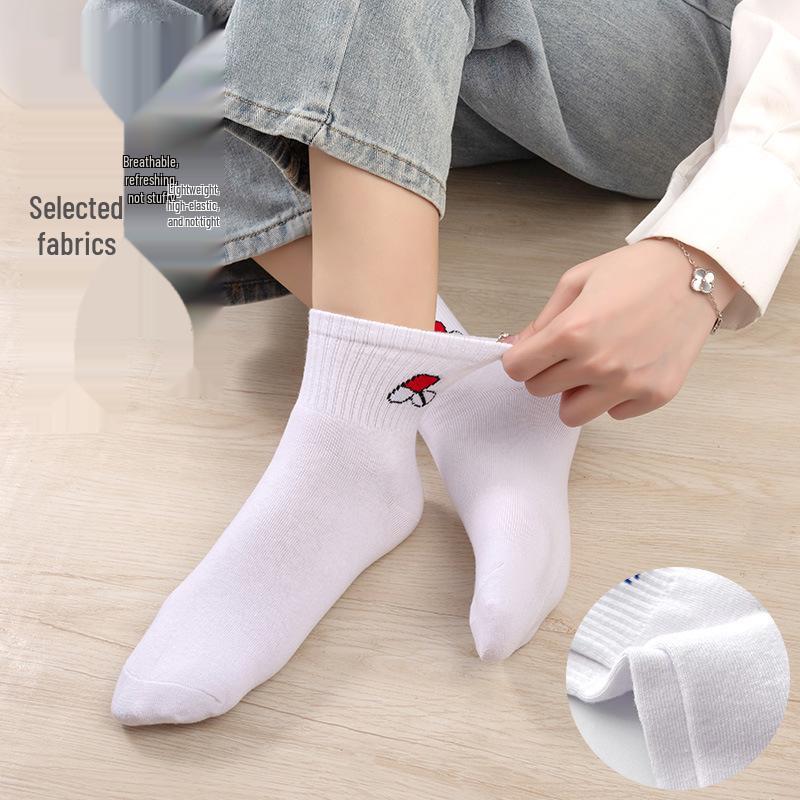 Women's Autumn White Medical Pattern Cotton Mid-Calf Socks - Simple, Versatile, High-Value.