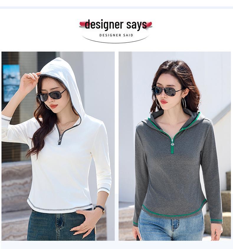 Women's Slimming Cotton Hooded Long Sleeve T-shirt - Stylish for Spring to Winter