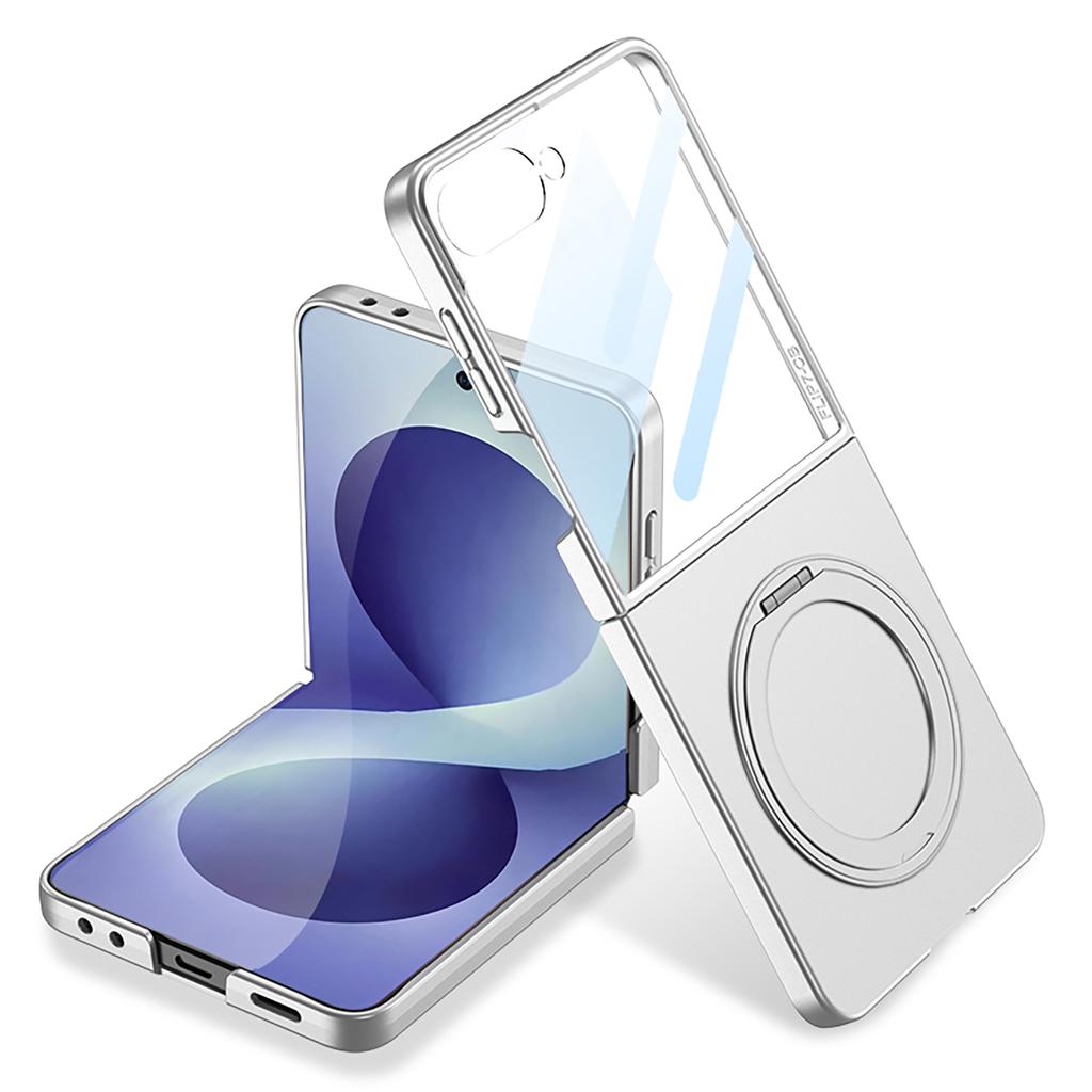 Für Samsung Galaxy Z Flip 8 5G Hülle Ultra-dünn Matt Magnetisch Drehbarer Ringhalter Kabelloses Laden Gehärtete Folie Hartschalenabdeckung