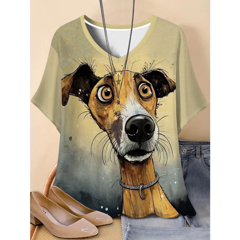 Plus Size Tees Women's Short Sleeved 3D Printed Top Holiday Animal Pattern Weekend Basic V Neck T Shirt Summer