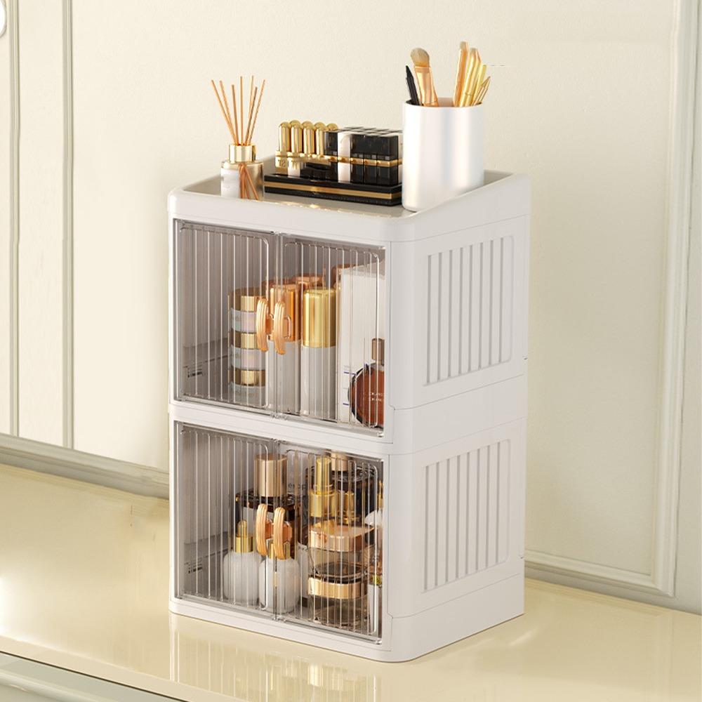 Transparent Cosmetics Storage Box Flat Cover Double Door Storage Box Storage Rack  Bedroom