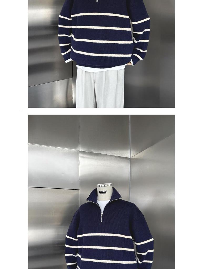 Men's Casual Striped Half-Zip Pullover Sweater - Stand-up Collar, Versatile Autumn/Winter Knitwear with High-End Feel