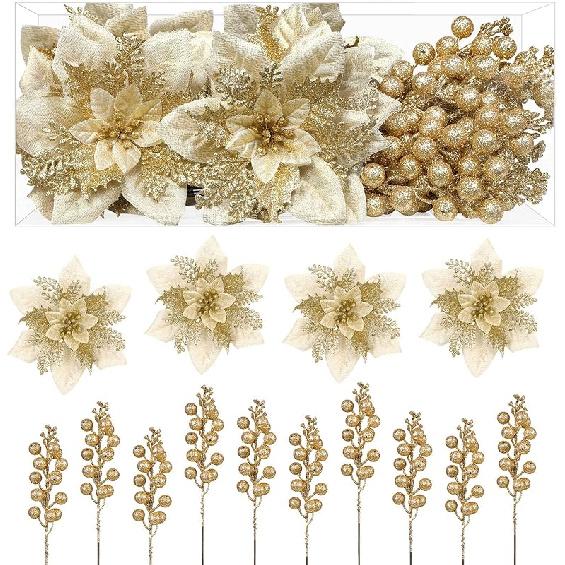 Alupssuc 24 Pieces Christmas Tree Decorations, 12 PCS Gold Poinsettia Flowers Artificial and 12 PCS Glitter Christmas Tree Picks for Christmas