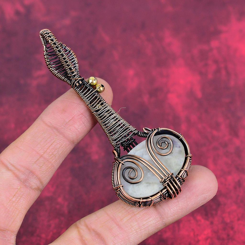 Rainbow Moonstone Pendant Copper Wire Wrapped Guitar Pendant Genuine Gemstone Jewelry Handmade Elegant Pendant Copper Jewelry Gifts for Wife