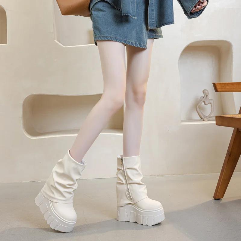 Fashion 14CM Microfiber Leather Autumn Boots Flats Plush Ankle Booties Women Platform Wedge Thick Sole Motorcycle Winter Shoes