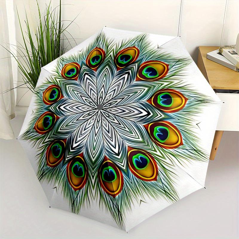 1pc Peacock Feather Mandala Automatic Open/Close Umbrella, Ideal Fan Gift for Birthday, Christmas, Outdoor Essentials, Trendy Fashion Yy250828017