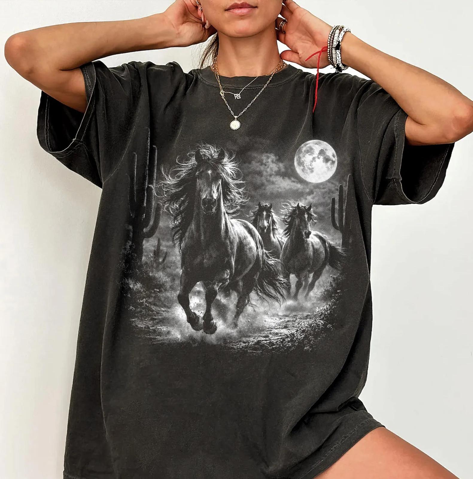 Wild Horses Shirt Western Cowboy Graphic Tee Moonlight Desert Stallion Art XXL