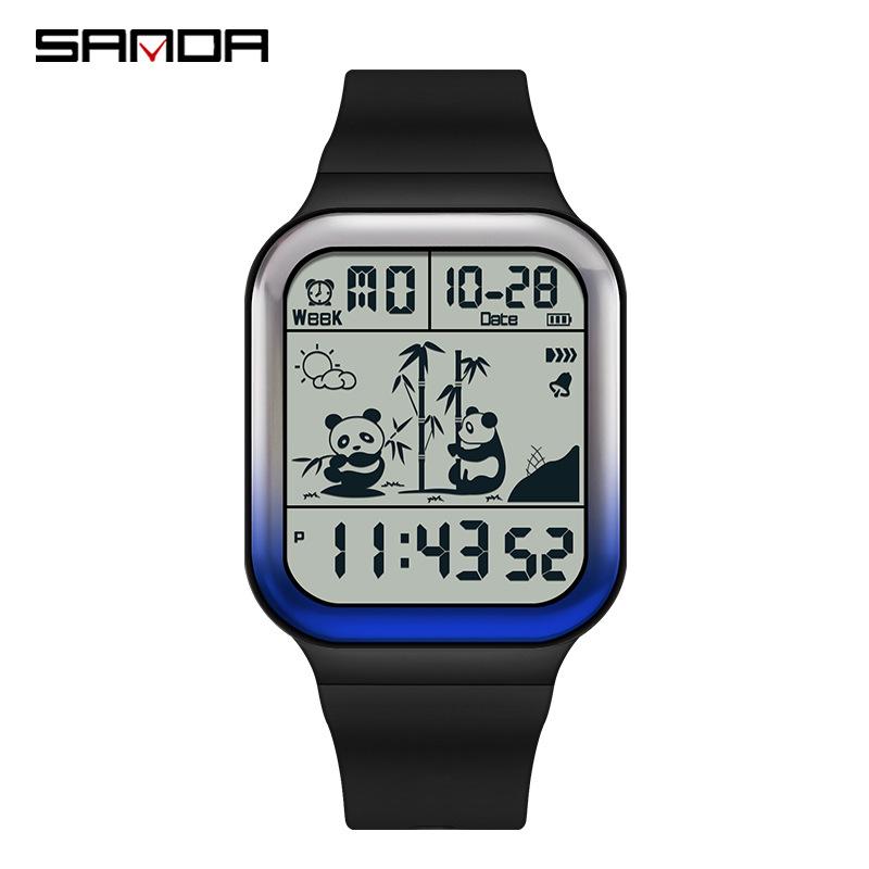 Fashion Sanda Top Brand Gradient Electronic Outdoor Waterproof Panda Pattern Square Trend Men's And Women's Unisex Watches